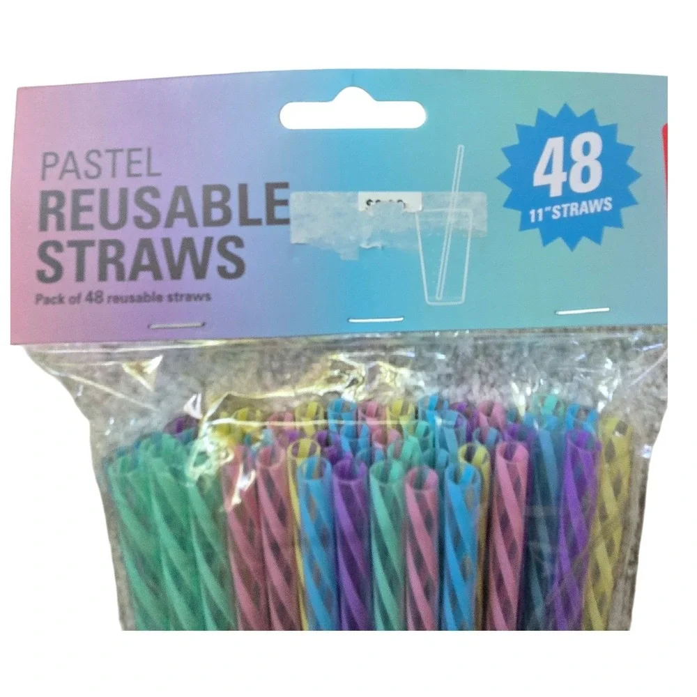 Kikkerland Reusable Straws Unisex 11in Pastel New 48 Pack Spiral Stripe Plastic